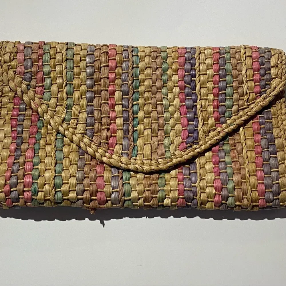 Vintage Straw Chic Flap Beach Boho Summer Multi-Color Striped Clutch Hand Bag